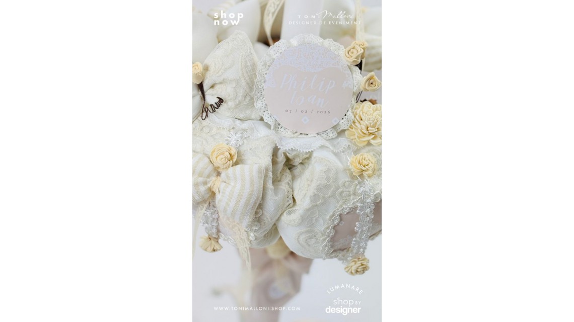 Lumânare botez unisex Cream French Lace cu dantelă crem și flori uscate 4